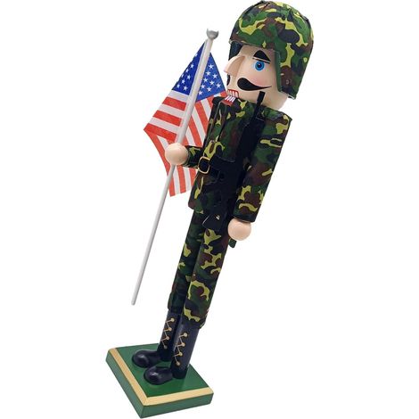 Figurine Casse-Noisette Bois Soldat Décor Patriotique avec Drapeau Américain pour Noël Jour de Indépendance et Nouvel an Décoration Festive Robuste et Stable (1/5)
