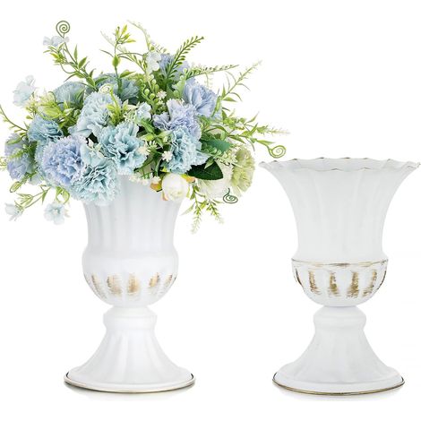 Vase En Métal Lot De 2 - 23cm Blanc Brossé - Design Trompette - Décoration Mariage Et Maison (1/5)