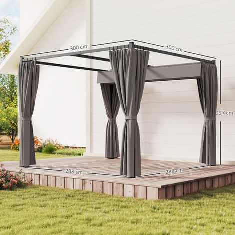 Pergola autoportante 3 x 3 m avec toit coulissant et parois latérales en toile gris clair résistante aux UV (1/5)