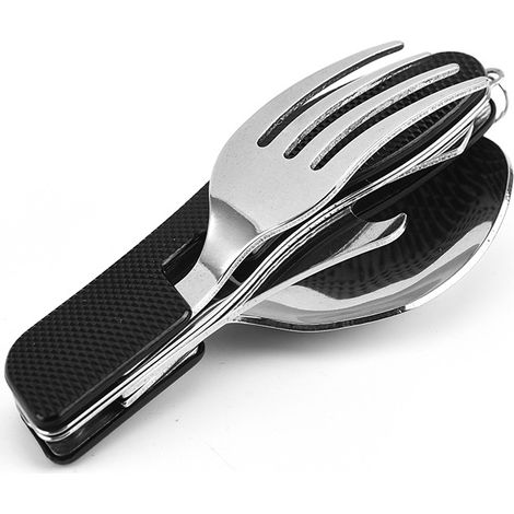 Ensemble de voyage portable 2 pièces (4 pièces au total) : 1 pièce avec manche en aluminium pour la cuisson sur la cuisinière, fourchette, cuillère et ouvre-bouteille - Noir (1/5)