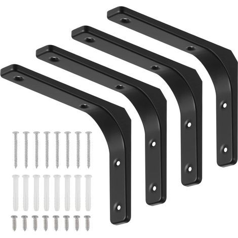 4 Pièces Équerre Étagère de Fixation Noir, Supports D'étagère Murale, Équerre Murale en Forme de L avec Vis et Ancrages Assortis, Capacité de Charge Maximale de 70kg (150 x 200 mm) (1/5)