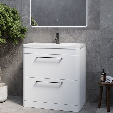 Oslo Gloss White 800mm 2 Drawer Vanity Unit with Anya Basin - 800mm - Gunmetal Grey 320mm Handle