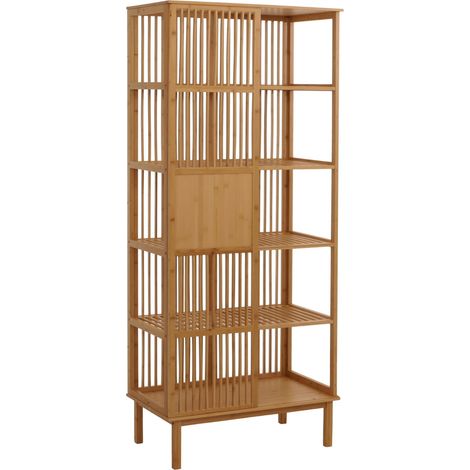 étagère sur pied en bambou HWC-N81, armoire de salle de bain avec 5 étagères FSCé 186x80x4