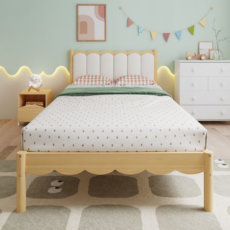 Kinder-Einzelbett mit PU-Kopfpolster, elegantes Wellenmuster, stabiler Lattenrost, Massivholzrahmen, beige, 90x200 cm (1/5)