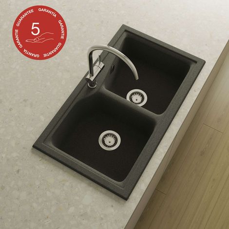 Evier à encastrer POALGI - CITY 322 - Granit - Noir Basalt - 86 cm - 2 bacs (1/5)