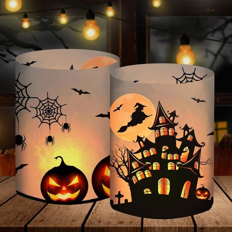 16 faroles decorativos de Halloween, calabaza, murciélago, bruja o telaraña, para interiores, para mesas de Halloween, para velas de té o velas. (1/5)