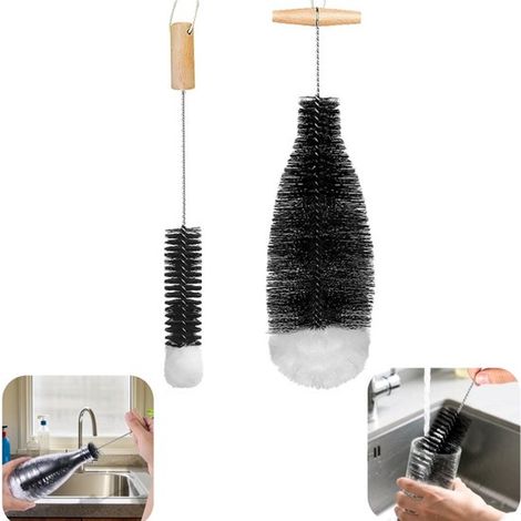 Goupillons de nettoyage lot de 2 - brosses à bouteilles, verres et gourdes avec poignée, noir, tailles assorties (1/5)