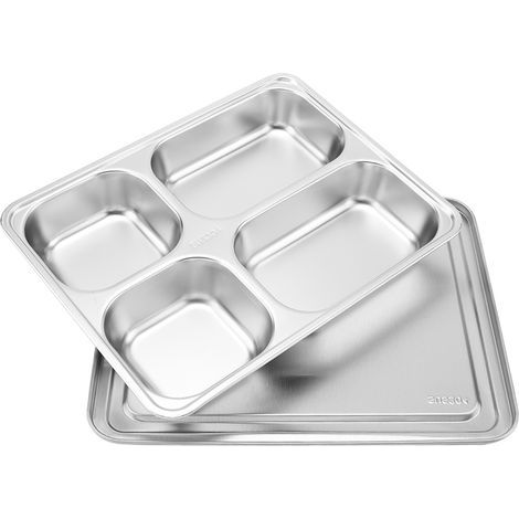 Plateau de service alimentaire en acier inoxydable, bote à déjeuner de cantine avec couvercle (4 divisés) (1/5)