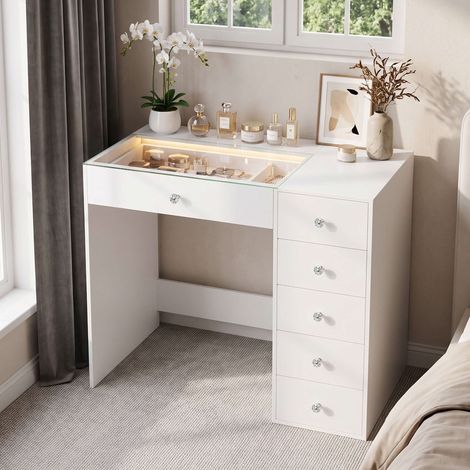 Coiffeuse avec éclairage LED luminosité réglable 6 tiroirs 92 x 81 x 55 cm Blanc