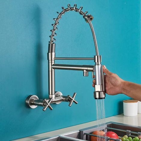 Wandmontierter Küchenmischer mit ausziehbarer Brause. 360° drehbarer Spültischmischer mit 3 Strahlarten. Einhebel-Küchenarmatur. Kalt- und Warmspüle. Erhältlich in Edelstahl (1/5)