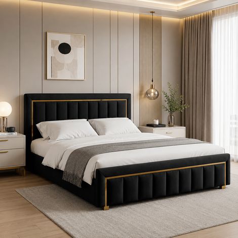 Lit double adulte 160 x 200 - Lit coffre capitonné 160 x 200 - Velour Noir - Sommier à lattes - Décor à rayures verticales et bordures dorées - Moderne (1/5)