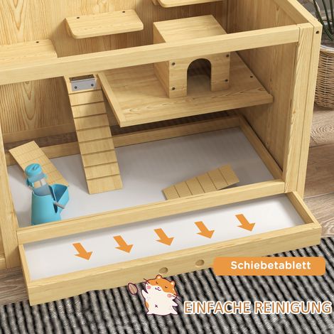 Cage à hamster en bois, habitat pour rongeurs, maison de jeu pour gerbilles avec balançoires, échelles, toit ouvrant, cabane, 100 cm, naturel (1/5)