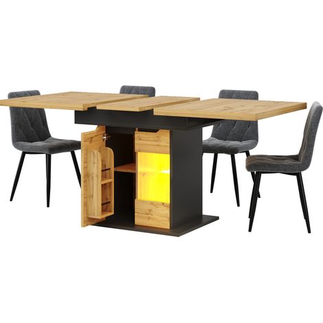 Tavolo da pranzo allungabile 110-140 x 80 cm con LED e vano contenitore, nero e naturale, MODENUIT (1/5)