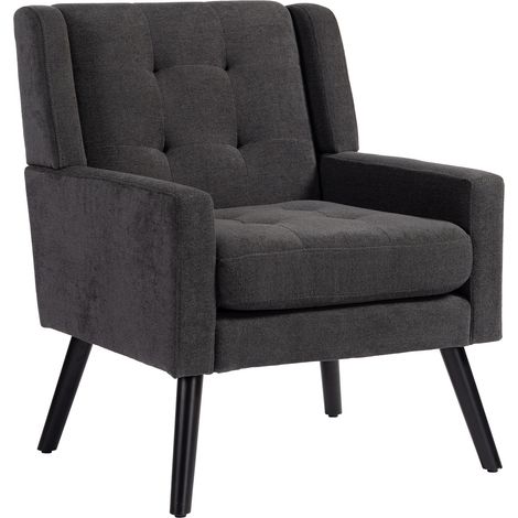 Fauteuil rembourré à capitonnage boutonné en daim – fauteuil moderne mid-century avec coussin en mousse haute densité et pieds en bois massif pour petits espaces: salon, chambre, bureau