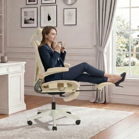 STILVORA Silla de oficina ergonómica ajustable con reposacabezas 3D y reposapiés, de malla, crema (1/5)