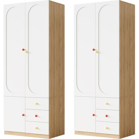 Armoire 2 portes avec tiroirs, meuble de rangement pour chambre à coucher, mobilier de chambre d'enfant, avec penderie, poignées en céramique colorées, blanc, finition laquée, lot de 2, 160×45×200 cm (1/5)