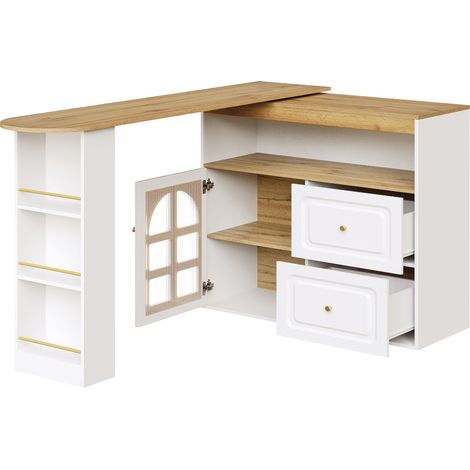 Buffet rotatif extensible 204 cm en MDF blanc avec 2 tiroirs et portes en verre arqué (1/5)