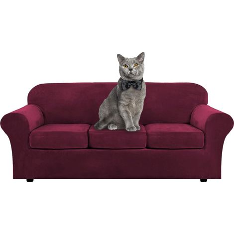 High Elasticity Velvet Sofa Cover  Furniture Protector for Separate Machine Washable Cushions  Thick Pet Sofa Cover (Three Seater, Wine Red) (1/5)
