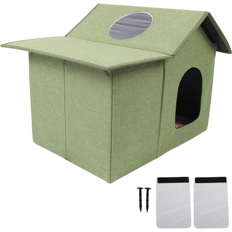 Niche pour chat d'extérieur pliable, résistante à l'eau, abri sauvage étanche, grotte, vert armée (1/5)
