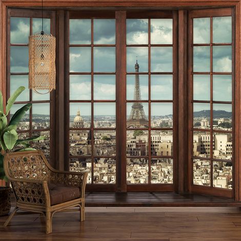 Papier peint panoramique Trompe l'oeil Fenêtre en bois - Paris tour eiffel - 130 cm x 104 cm (1/5)