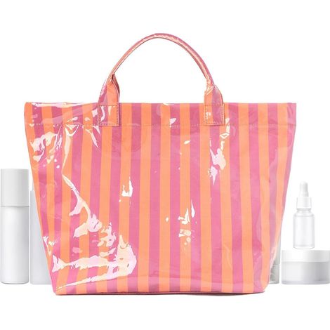 Wasserdichte Einkaufstasche, gestreifte Tragetasche, geräumige Aufbewahrungstasche, leichte, glänzende Schultertasche, lässiges Sommerdesign, ideal für Schule, Büro und Schwimmbad (1/5)