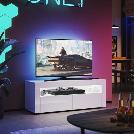 SONNI TV Lowboard Weiß Hochglanz mit 12 LED Farben Beleuchtung,Eine offene Ablage und 2 Schranktüren, 120x40x45cm (1/5)