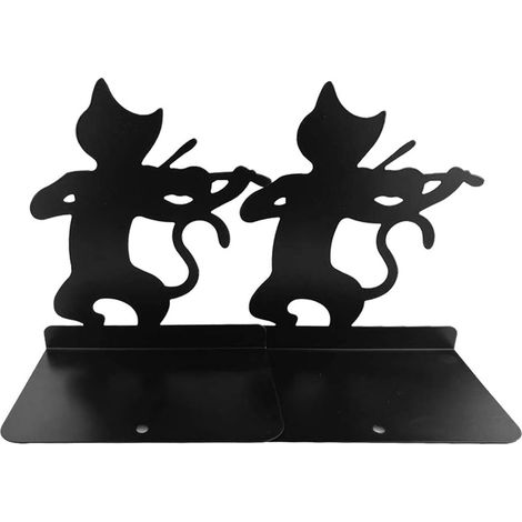 Sujetalibros metálicos con la figura de un gato perezoso tocando el violín, ideales para bibliotecas, oficinas y hogares.