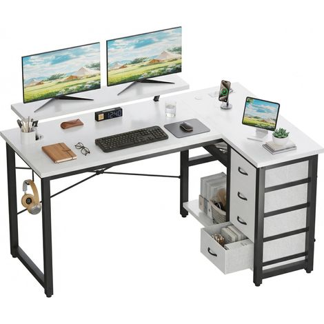 Bureau d'angle en L, 140x80cm, 4 Tiroirs, Réversible, Blanc (1/5)