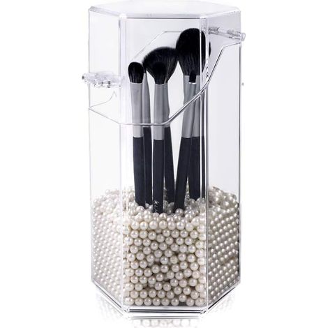 Boîte de rangement hexagonale en acrylique, boîte de rangement anti-poussière, boîte de rangement, porte-stylo, rangement pour pinceaux de maquillage, eye-liner, rouge à lèvres, etc. (avec perles) (1/5)
