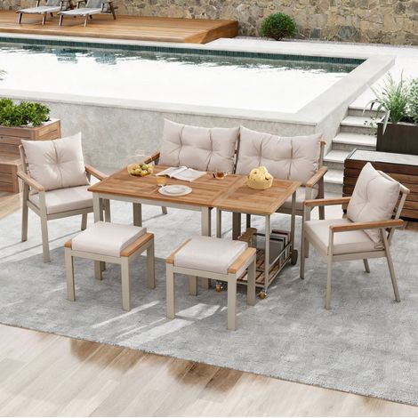 Tisch Stuhl Set mobil Akazienholz 6 bis 7 Sitzer OKMYHOME (1/4)