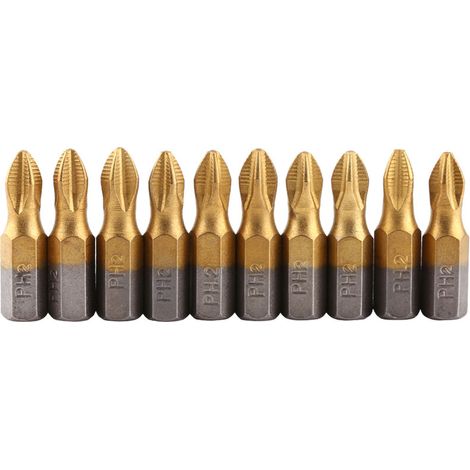 GARRYFIZH Jeu de 10 embouts de tournevis S2 magnétiques antidérapants PH2 à tige hexagonale de 1/4" et 25 mm de long, revêtus de titane