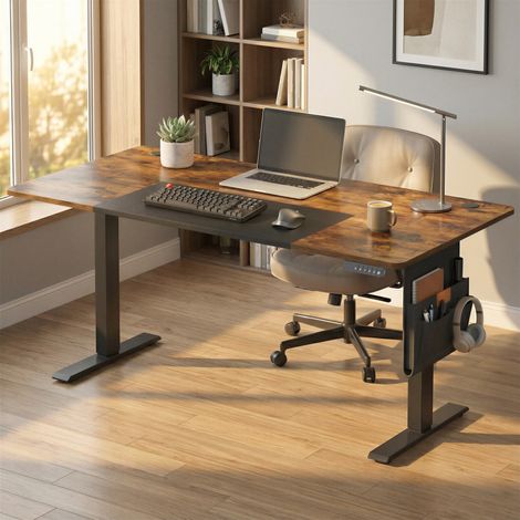 Bureau Réglable en Hauteur, 160 x 70 cm, Fonction Mémoire, Port USB-C, Marron et Noir (1/5)
