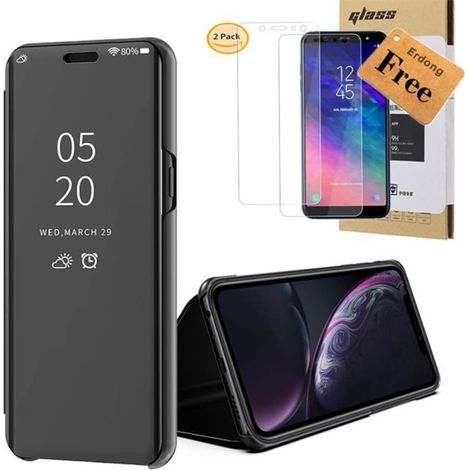 Coque à rabat pour iPhone XR avec support et 2 verres trempés, Noir Miroir (1/4)