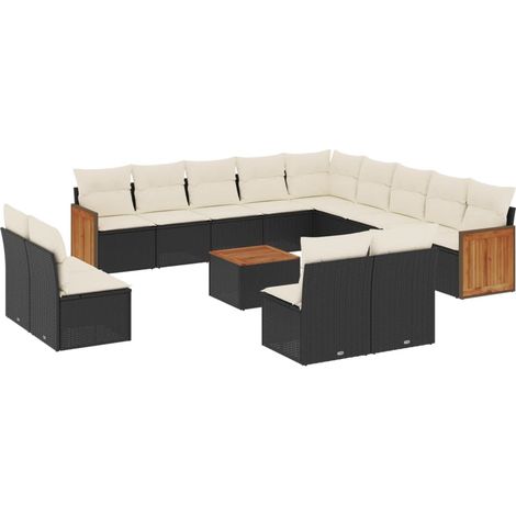 Salon de jardin avec coussins 14 pcs noir résine tressée (1/3)