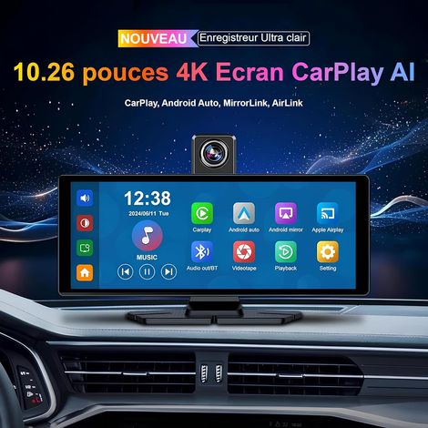 Display wireless per auto D3 Pro da 10,26" - Apple CarPlay e Android Auto Bluetooth Car Stereo - Dashcam per auto 4K GPS con telecamera posteriore - CarPlay Touchscreen Car Stereo (1/4)