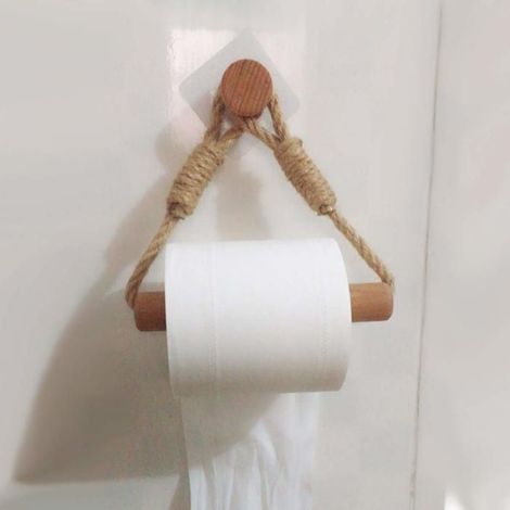 Porte Rouleau Papier WC Nordique - Mural Bois Corde Rétro, Sans Perçage pour Maison Campagne Cuneary (1/5)