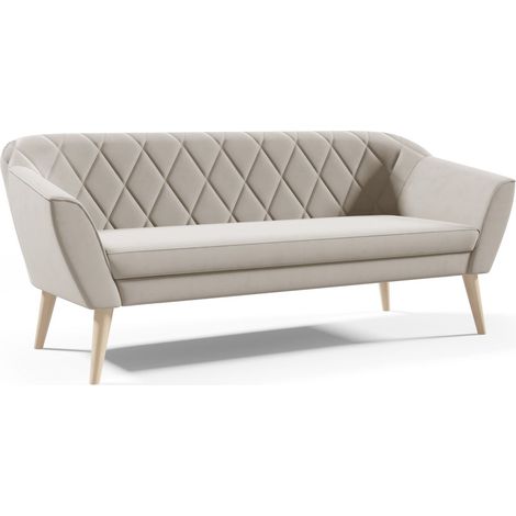 Sofello Sofa 3 Sitzer -- FOX -- Beige Sitzbank Samt Holzfüße Schnelle Lieferung skandinavischer Stil - schöne Steppung