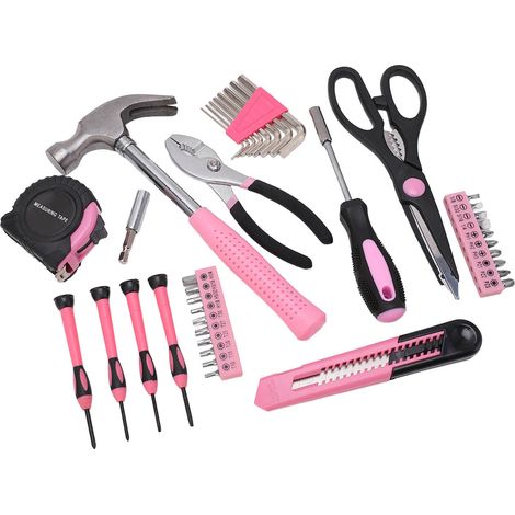 39-teiliges tragbares rosa Haushaltswerkzeugset: Hammer, Schraubendreher, Schraubenschlüssel, Reparatur- und Wartungswerkzeuge für Mädchen (1/5)