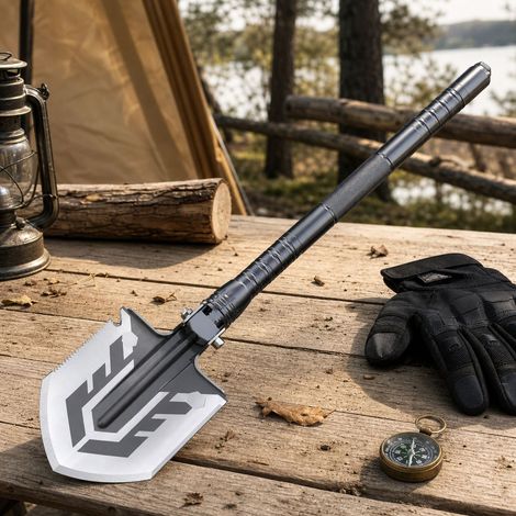 Pelle tactique pliable multifonction en acier 3CR13, outil de survie camping avec scie et houe, longueur 68cm, couleur gris foncé (1/5)
