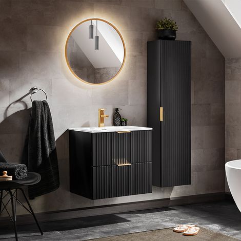 Conjunto mueble lavabo individual encastrado 60cm y columna Adriel Negro (1/4)