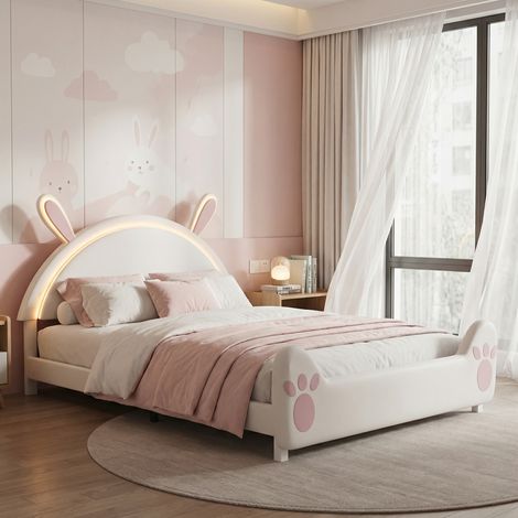 Einzelbett 140x200 cm, Kinderbett, Polsterbett mit LED-Beleuchtung und Hasen-Design, Samt Bettgestell für Mädchen & Jungen, Weiß (1/5)