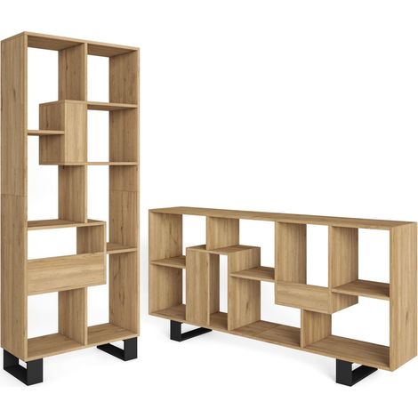 Skraut Home - Libreria scaffale, Scaffali in legno a ripiani, 67x31x174cm, Design industriale, Stile moderno, Rovere (1/5)
