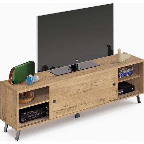 Meuble TV 2 portes coloris chêne doré - Hauteur 52 x Longueur 160 x Profondeur 40 cm -PEGANE-