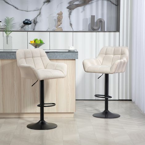 Ensemble de tabourets bar 2 modèles rétro design à hauteur réglable en faux cuir lin Look crème + noir