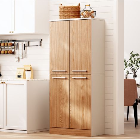 REDOM armario despensa de cocina 76x42x180 cm, 4 puertas, estantes ajustables, MDF blanco y natural (1/5)
