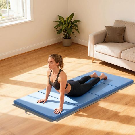 Entraînement maison stabilité et confort tapis de fitness pliable 180x80 cm avec poignées de transport bleu (1/5)