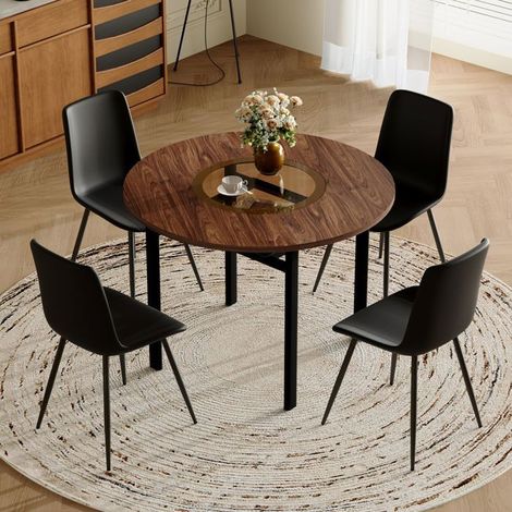 Table et Chaises de Salle à Manger diamètre 100 cm table ronde rangement intégré 4 chaises matériau PU noir aspect bois brun (1/5)