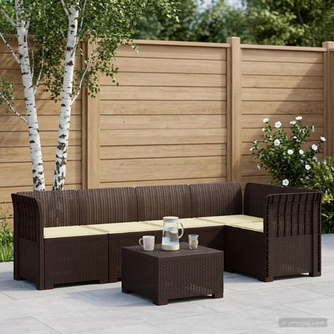 Canapé de Jardin Modulable 5 Places Aspect Rotin PP Marron avec Coussins Crème - PANGIVO (1/5)