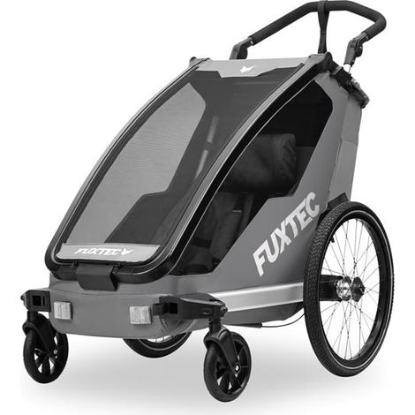 FUXTEC Remorque pour vélo FX-FA1S Gris, monoplace pliable avec attelage, poignée de poussée, protection contre la pluie, ceinture à 5 points, charge max. 35 kg