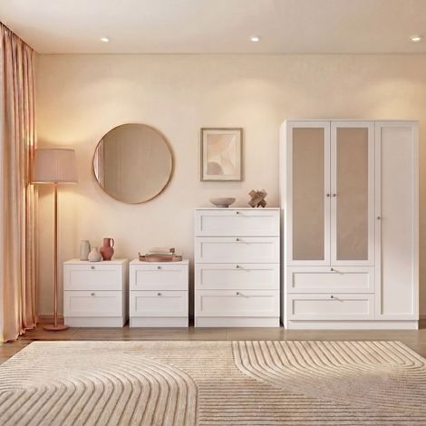 Altino 4 Piece Bedroom Set with 2 Drawer Bedside, Set of 2, 4 Drawer Chest, 3 Door 2 Drawer Wardrobe, White